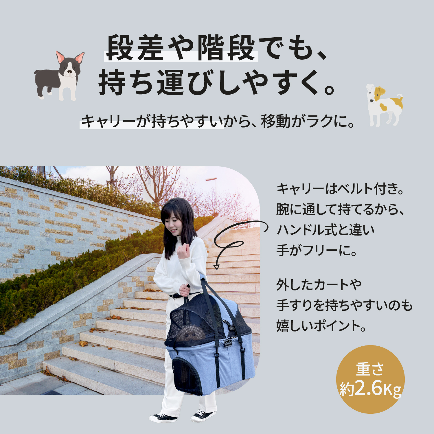 安定感抜群の4輪タイプ。前輪タイヤには衝撃を吸収するサスペンション付き。